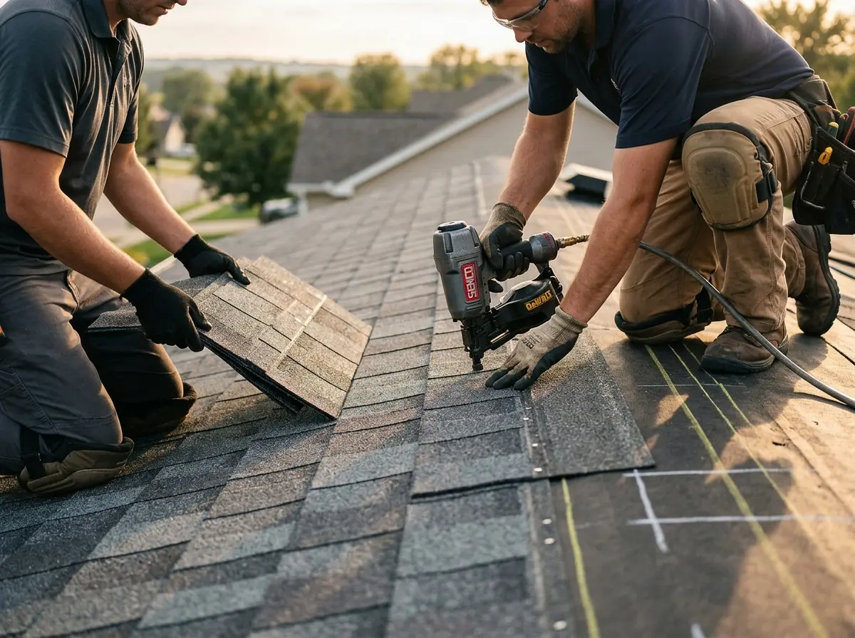 Professional roofer working on a residential roof in East Riverdale